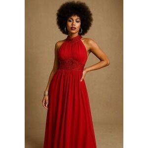 Vtg 60 Mike Benet Formal Red Sequin Halter Gown Dress Chiffon Disco Maxi Red Xs